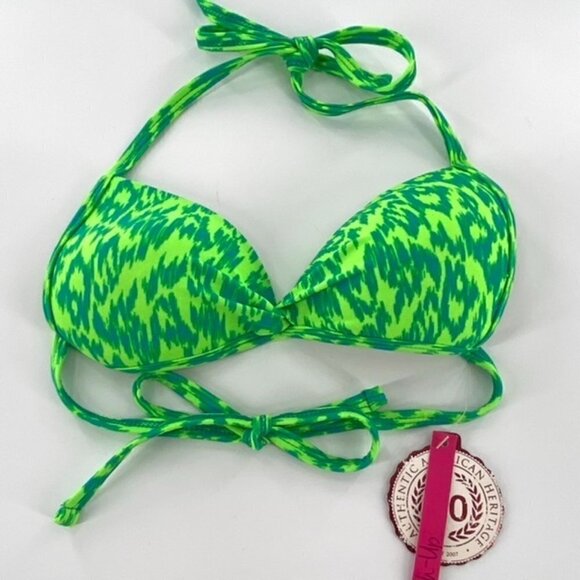 SO Bikini Swimsuit Halter Top Junior Sz XS Neon Animal Print Green Ruched Center - Picture 2 of 13